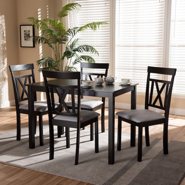 Rosie Espresso Finished And Grey Upholstered 5-Piece Dining Set